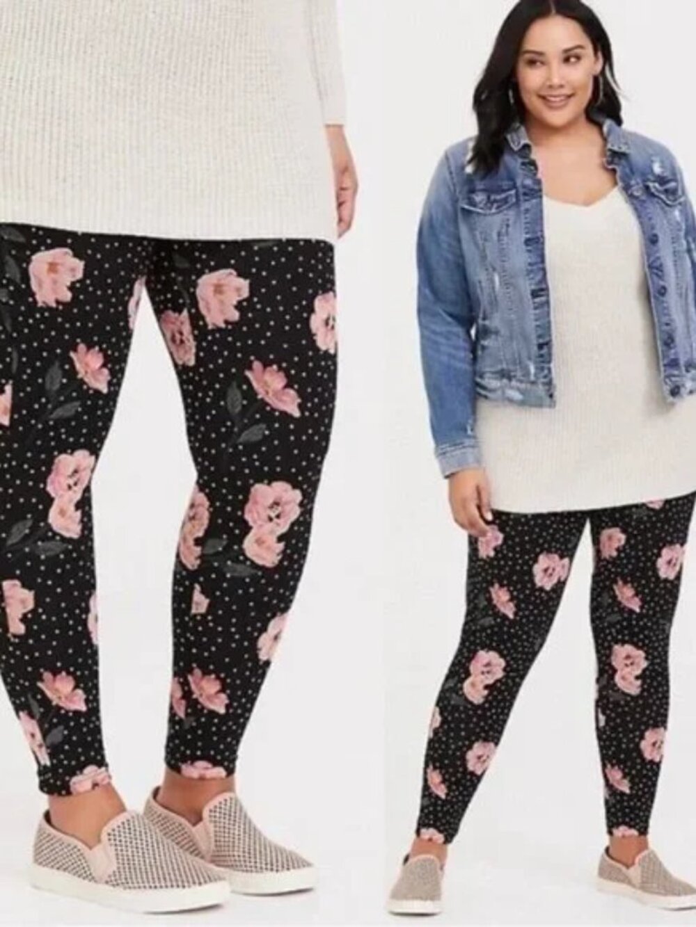 Torrid Plus Size Black Pink & Peach Floral Sprinkle Polka Dot Leggings